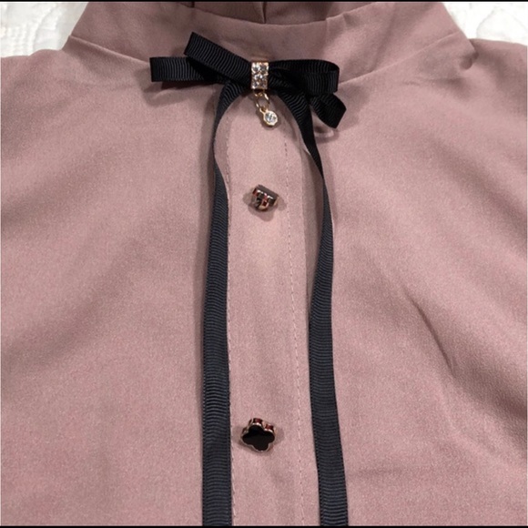 Elfberg taupe blouse w/ ruffle neck & sleeve hem - Picture 2 of 4